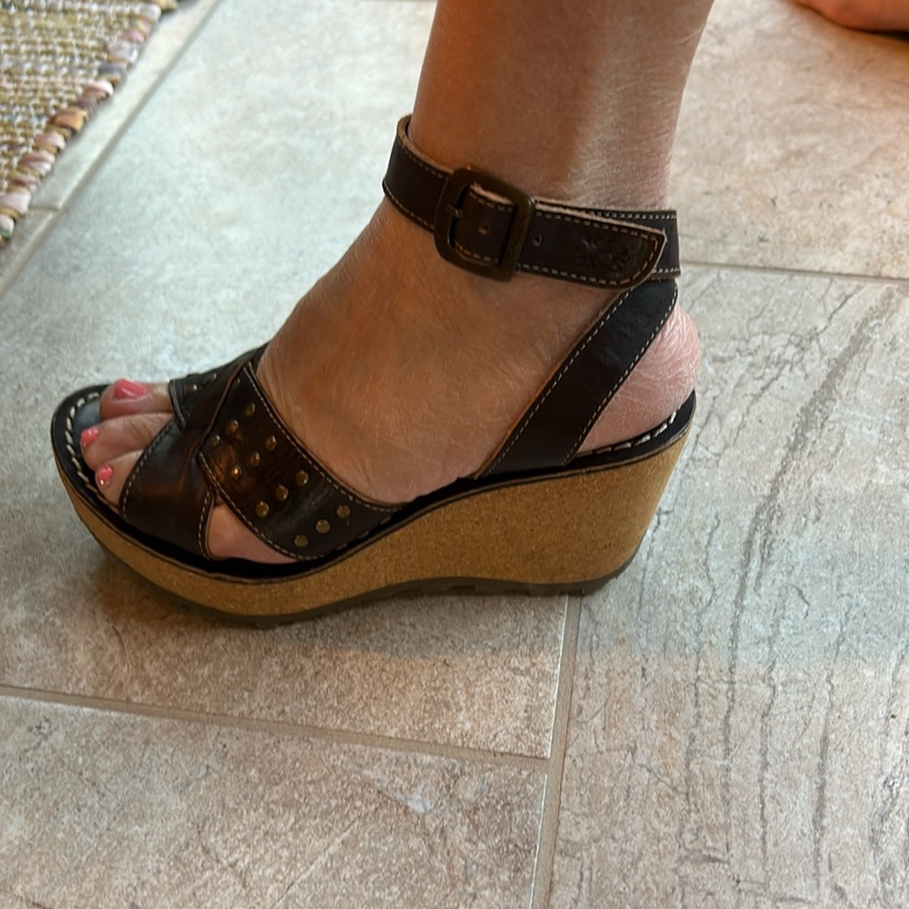 Fly London Brown Leather Wedge Sandals with Cork Platform - Picture 2 of 11